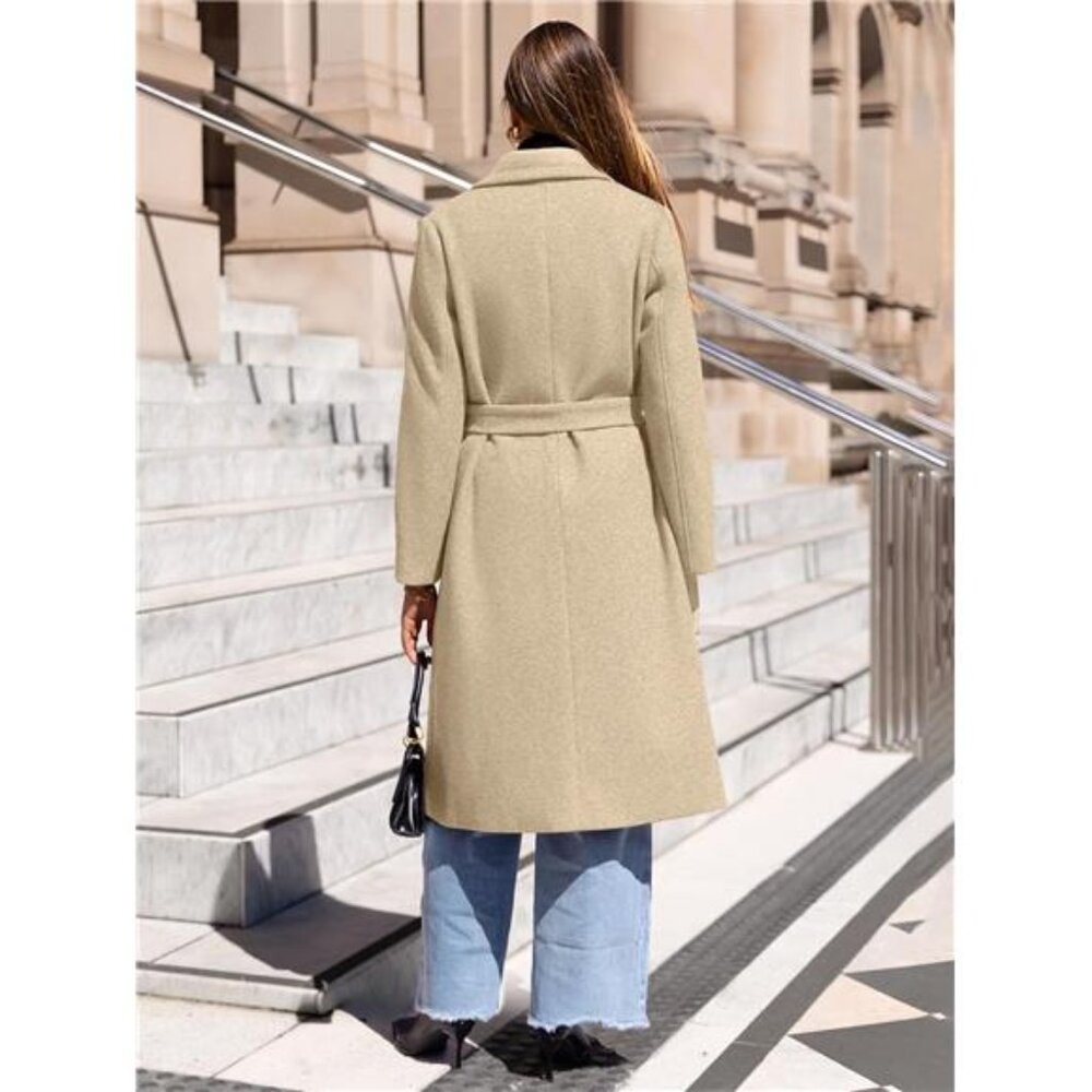 Women's Winter Lapel Collar Pea Coat Double Breasted Long Overcoat Trench Coat - Picture 5 of 7